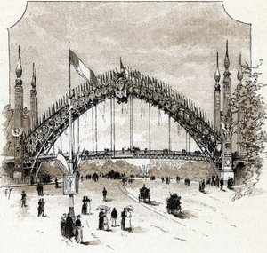 Utsikt over gangbroen til Pont de l'Alma under verdensutstillingen i Paris
