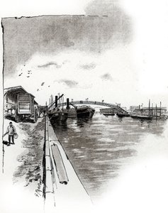 Utsikt over gangbroen til Canal de la Villette, Paris (Gangbroen til Canal de la Villette, Paris) Tegning av Gustave Fraipont (1849-1923) er hentet fra "La seine a travers Paris" av Saint-Juirs av Gustave Fraipont