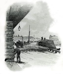 Utsikt over hangarene til havnen i La Villette i Paris (naust og skur fra havnen i La Villette, Paris) Tegning av Gustave Fraipont (1849-1923) er hentet fra "La seine a travers Paris" av Saint-Juirs av Gustave Fraipont