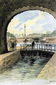 Utsikt over slusen til Canal Saint Martin i Paris Tegning av Gustave Fraipont (1849-1923) fra «La seine a travers Paris» av Saint-Juirs av Gustave Fraipont