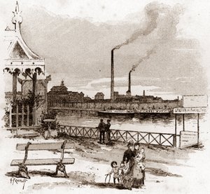 Utsikt over quai de Javel i Paris, actuel quai André-Citroen (Utsikt over quai Andre Citroen tidligere quai de Javel, Paris) Tegning av Gustave Fraipont (1849-1923) henter fra "La seine a travers Paris" av Saint- Juirs