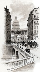 Utsikt over rue de Bellay og kuppelen til Pantheon, Paris (Utsikt over rue du Bellay og kuppelen til Pantheon, 5. distrikt, Paris) Tegning av Gustave Fraipont (1849-1923) fra Saint-Juirs av Gustave Fraipont