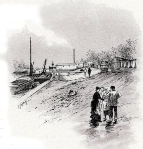 Utsikt over elvebredden og kaien Saint-Bernard, Paris Tegning av Gustave Fraipont (1849-1923) henter fra "La seine a travers Paris" av Saint-Juirs