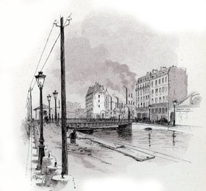 Utsikt over den svingende broen til quai de Valmy på kanalen Saint Martin, Paris Tegning av Gustave Fraipont (1849-1923) fra Saint-Juirs av Gustave Fraipont