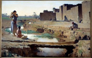 Orientalisme: "" La Seguia nær Biskra""" Kvinne og barn tar vann ved elven i en oase i den algeriske ørkenen. Maleri av Gustave Achille Guillaumet (1840-1887) 1884 Søn. 1x1,5 m Paris, musee d