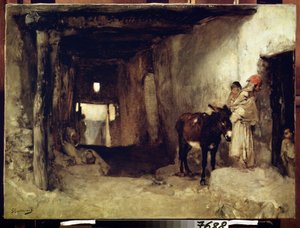Orientalisme: ""Et hus i Sahara"" (Et hus i Sahara) En kvinne og hennes barn ledsaget av et esel. Maleri av Gustave Guillaumet (1840-1887) rundt 1880 Pushkin-museet, Moskva