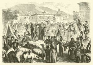 Årlig messe for byen Alcala, Spania (gravering) av Gustave Janet