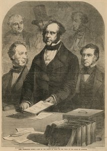 Lord Palmerston legger en kopi av fredstraktaten på bordet til Underhuset av Gustave Janet