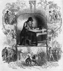 The poet Francois Villon (1431-1463) writing his will surrounds in different episodes of his life. Engraving by Gustave Janet