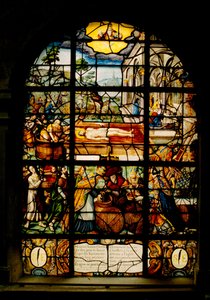 Saint-Etienne du Mont kirke, vindusglass som viser den døde Kristus (farget glass)