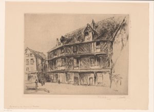 Gate med hus og turgåere i Chartres La maison du saumon (Chartres) (tittel på objekt) av Gustave Leheutre (signed by artist)