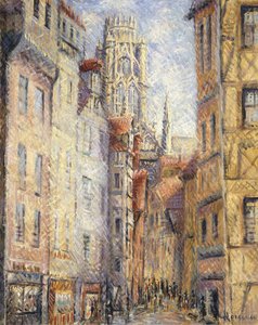 Rouen, en gate ved kirken; Rouen, rue avec L "Eglise, ca. 1920 av Gustave Loiseau
