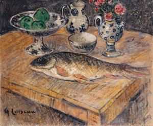 Stilleben med fisk, blomster og epler; Stilleben med fisk, blomster og epler, av Gustave Loiseau