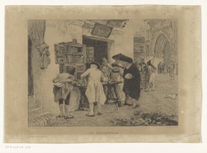 Menn samlet rundt en bokhandlers utstilling Les Bibliophiles (tittel på objekt) av Gustave Marie Greux