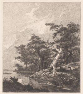 Elvelandskap med en hvilende gjeter ved en trestubbe av Gustave Marie Greux