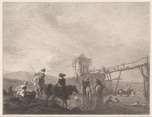 Hviler og svømmer figurer på en bredd Die pferdetränke (tittel på objekt) av Gustave Marie Greux