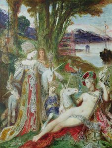 The Unicorns (olje på lerret) av Gustave Moreau