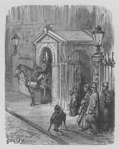 Hestevakt i fraksjon foran dronningens palass av Gustave after Dore