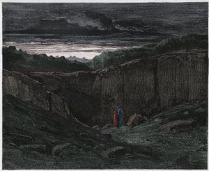 Inferno, Canto 3: Virgil og Dante ved helvetes porter, illustrasjon fra The Divine Comedy av Dante Alighieri, 1885 (digitalt farget gravering) av Gustave after Dore