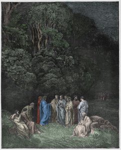 Inferno, Canto 4: Homer, poetene og heltene i Limbo, illustrasjon fra The Divine Comedy av Dante Alighieri, 1885 (digitalt farget gravering)