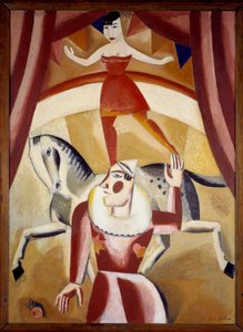 Circus III En akrobat Ecuyere i balanse på en hest og en klovn på en sirkusbane som viser show. Maleri av Gustave de Smet (1877-1943) 1926 Søn. 1,3x1,1 m Grenoble, Musee des Beaux Arts OBS! Bruk av dette verket kan være underlagt en tredjeparts autorisasjo