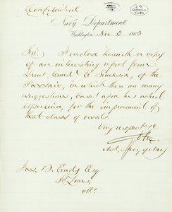 Brev signert G.V. Fox, Navy Department, Washington, til Jas. B. Eads [James B. Eads], St. Louis, Mo., 2. november 1863 av Gustavus Vasa Fox