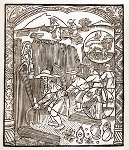 Hyrdekalender - Månedens arbeid - August - Tresnitt fra boken fra 1496 trykket av Guy Marchant (Guido Mercator) i Troyes - Tregravering i "Le grand Calendrier et compost des shepherds" -