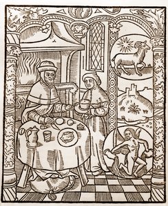Hyrdekalender - Månedens arbeid - Januar - Tresnitt fra boken fra 1496 trykt av Guy Marchant (Guido Mercator) i Troyes - Tregravering i "Le grand Calendrier et compost des shepherds" -
