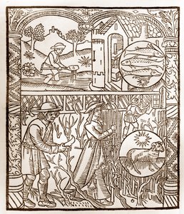 Hyrdekalender - Månedens arbeid - Mars - Tresnitt fra boken fra 1496 trykt av Guy Marchant (Guido Mercator) i Troyes - Tregravering i "Le grand Calendrier et compost des shepherds" - av Guy Marchant