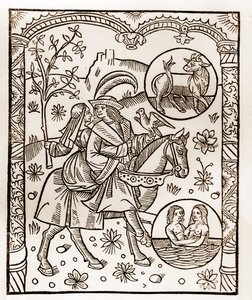 Hyrdekalender - Månedens arbeid - Mai - Tresnitt fra boken fra 1496 trykt av Guy Marchant (Guido Mercator) i Troyes - Tregravering i "Le grand Calendrier et compost des shepherds" -
