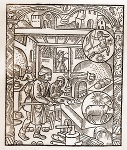 Hyrdekalender - Månedens arbeid - November - Tresnitt fra boken fra 1496 trykket av Guy Marchant (Guido Mercator) i Troyes - Tregravering i "" Le grand Calendrier et compost des shepherds"" - Brødovn -