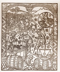 Hyrdekalender - Månedens arbeid - Oktober - Tresnitt fra boken fra 1496 trykket av Guy Marchant (Guido Mercator) i Troyes - Tregravering i "" Le grand Calendrier et compost des shepherds"" - Høsten - og tegnene på dyrekretsen: den