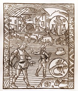 Hyrdekalender - Månedens arbeid - September - Tresnitt fra boken fra 1496 trykket av Guy Marchant (Guido Mercator) i Troyes - Au premier plan, des peassans sement a la volee - Tresnitt i "Le grand Calendrier et compost des shepherds" - av Guy Marchant