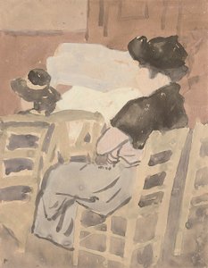 En kvinne og en ung jente i et kirkeinteriør (akvarell på papir) av Gwen John