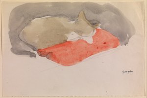 Katt som sover på en rød pute (gouache og blyant på papir) av Gwen John
