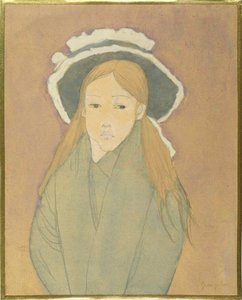 Jente med stor hatt og stråfarget hår, 1910-tallet (wc, gouache og grafitt på papir)