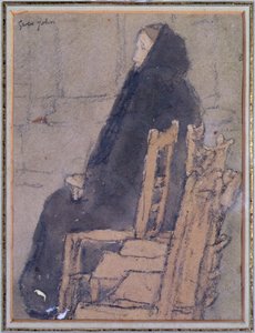 Gammel kvinne i svart sjal (akvarell, kroppsfarge og svart fargestift på beige papir) av Gwen John