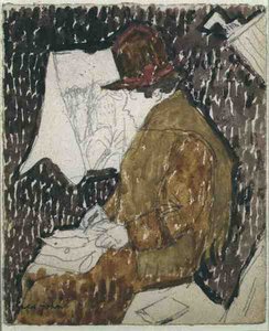 Profil av en kvinne i en jernbanevogn (akvarell på papir) av Gwen John