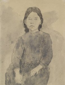 Sittende jente (Marie Hamonet?) (kull, grå vask og kroppsfarge på grått papir)