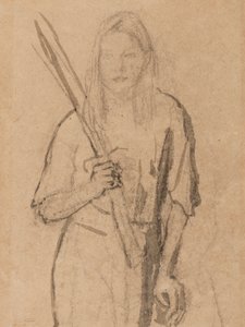 Stående jente med trepost i hånden (blyant og vask på papir) av Gwen John