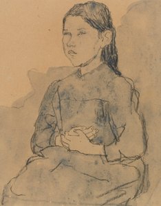 Ung jente: Marie Hamonet, ca. 1918 (kull og blå vask på papir) av Gwen John