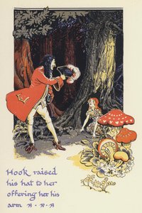 Peter Pan og Wendy: Hook løftet hatten mot henne og ga henne armen sin (farge litho)