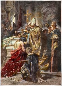 Dåpen til Saint Stephen (c970-1038), helgen og første konge av Ungarn - døpt av helgen Adalbert av Praha Etter et verk av Gyula Benczur - Den ungarske prinsen Vajk blir døpt av Saint Adalbert av Praha og tar navnet Stefan (St. Stephen I Ki