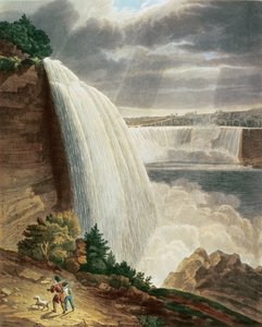 Niagara Falls, en del av American Fall from the Foot of the Stair Case, gravert av J. Hill, pub. av H.L.Megarcy (fargegravering)