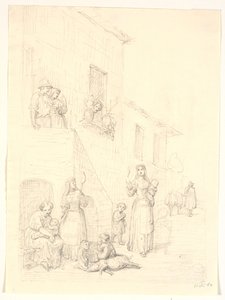 Kvinner og barn utenfor et italiensk hus