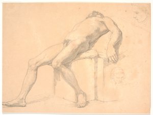 Studie av mannlig, naken, liggende modell. T.h. to portretthoder, ett muligens Constantin Hansen