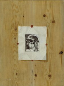 Trompe l'Oeil. Tavle med en etsning av en baker som larmer hornet sitt av H. Drost