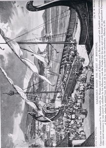 Carausius tar tak i flåten ved Boulogne, illustrasjon fra 'Hutchinson's History of the Nations', ca. 1910 av H. M. Burton