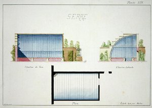 Design for et drivhus med buede glassvegger og tak, fra en folio av originale tegninger i klassisk og tidlig Belle-Epoque-stil, ca. 1870 (penn og blekk på papir)