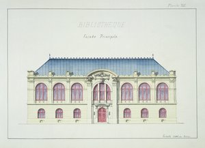 Hovedfasade til et bibliotek, plate XII fra en folio av design, ca. 1870